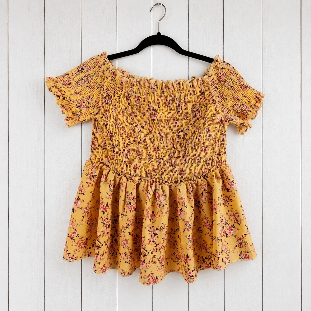 Yellow Floral Smocked Off The Shoulder Peplum Top Short Sleeve Boho Blouse